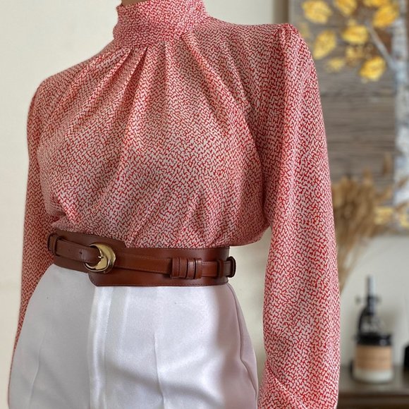 SOLD Vintage 70s Abstract High Ruched Mock Neck  Blouse Kathy Allison - Picture 5 of 6